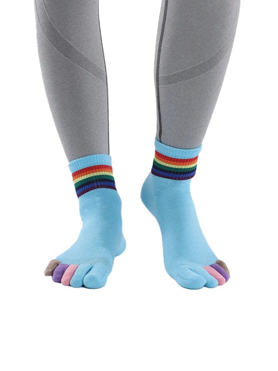 rainbow pattern women's five finger cotton socks, blue