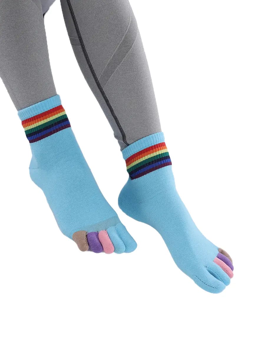 rainbow pattern women's five finger cotton socks, blue