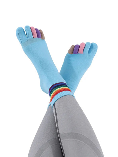 rainbow pattern women's five finger cotton socks, blue