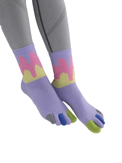Color graffiti women's five finger cotton socks, purple