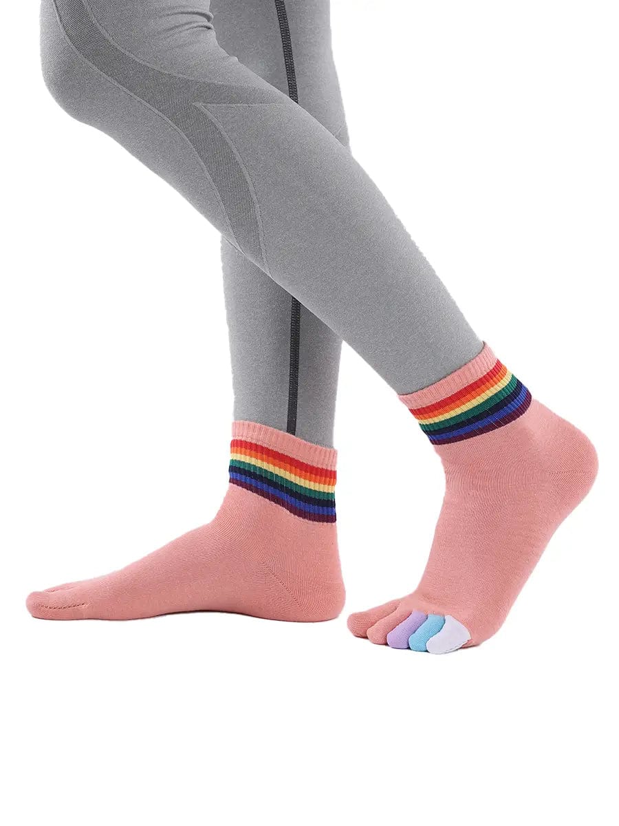 rainbow pattern women's five finger cotton socks, pink