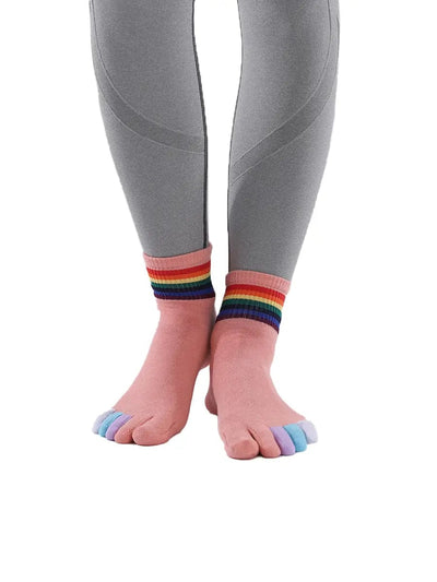 rainbow pattern women's five finger cotton socks, pink