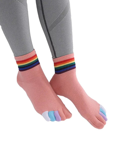 rainbow pattern women's five finger cotton socks, pink