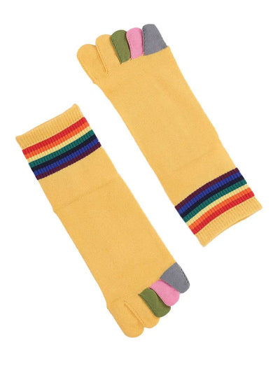 rainbow pattern women's five finger cotton socks, yellow