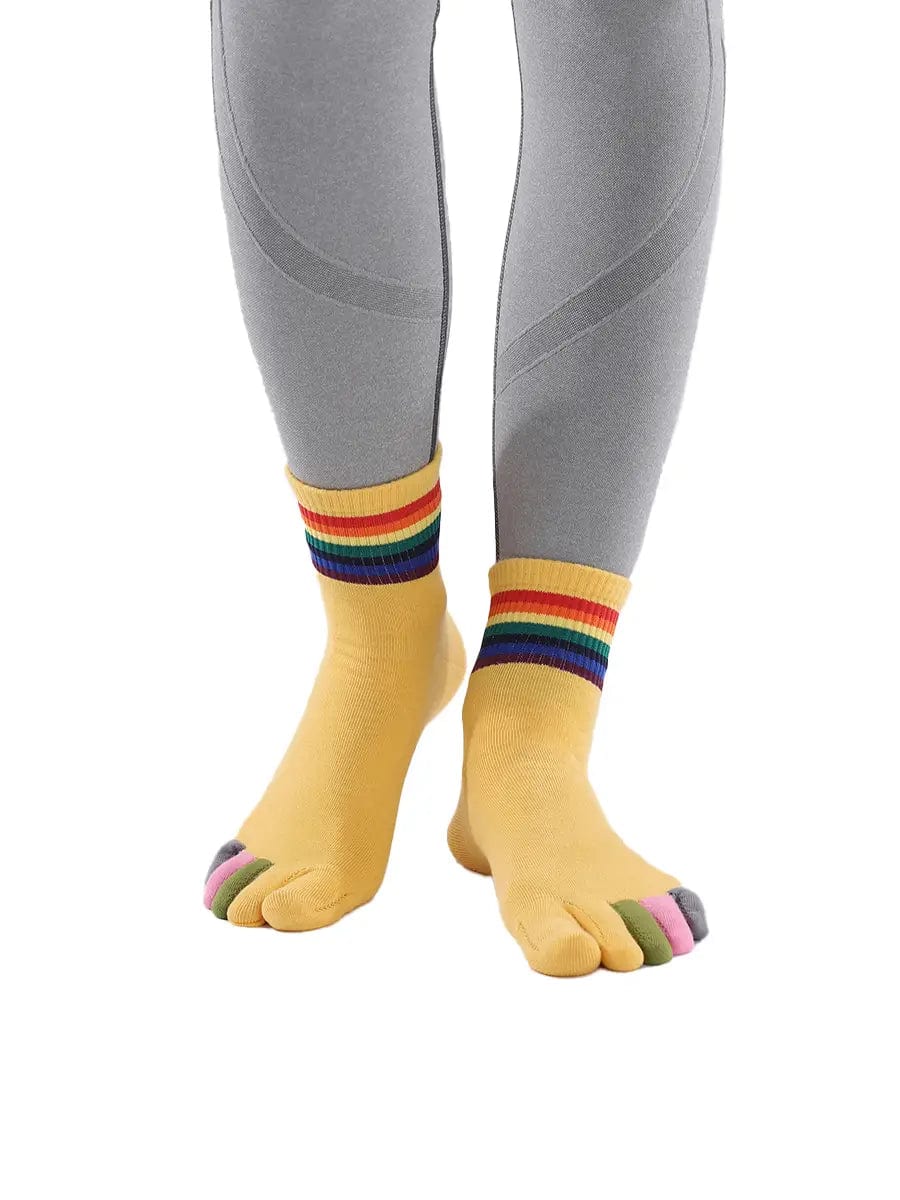 rainbow pattern women's five finger cotton socks, yellow