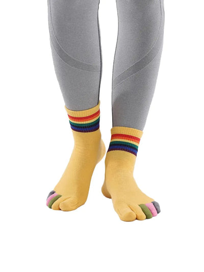 rainbow pattern women's five finger cotton socks, yellow
