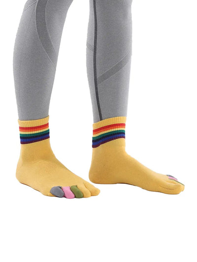 rainbow pattern women's five finger cotton socks, yellow