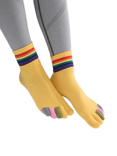 rainbow pattern women's five finger cotton socks, yellow