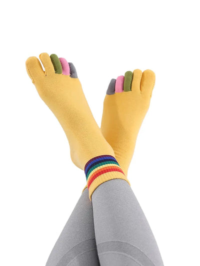 rainbow pattern women's five finger cotton socks, yellow