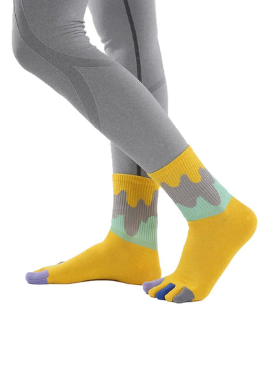Color graffiti women's five finger cotton socks, YELLOW