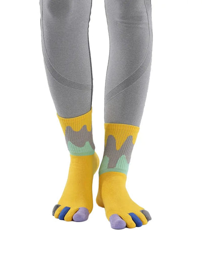Color graffiti women's five finger cotton socks, YELLOW