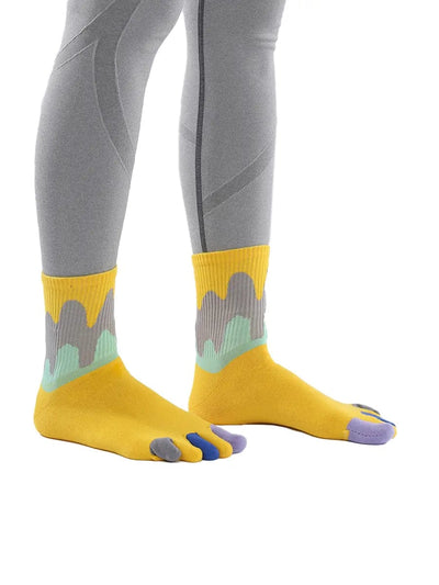 Color graffiti women's five finger cotton socks, YELLOW