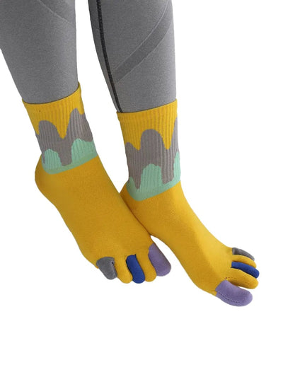 Color graffiti women's five finger cotton socks, YELLOW