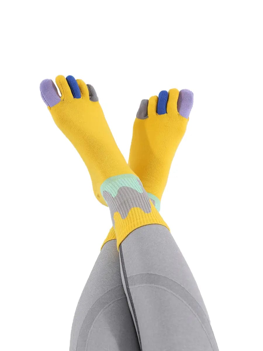 Color graffiti women's five finger cotton socks, YELLOW