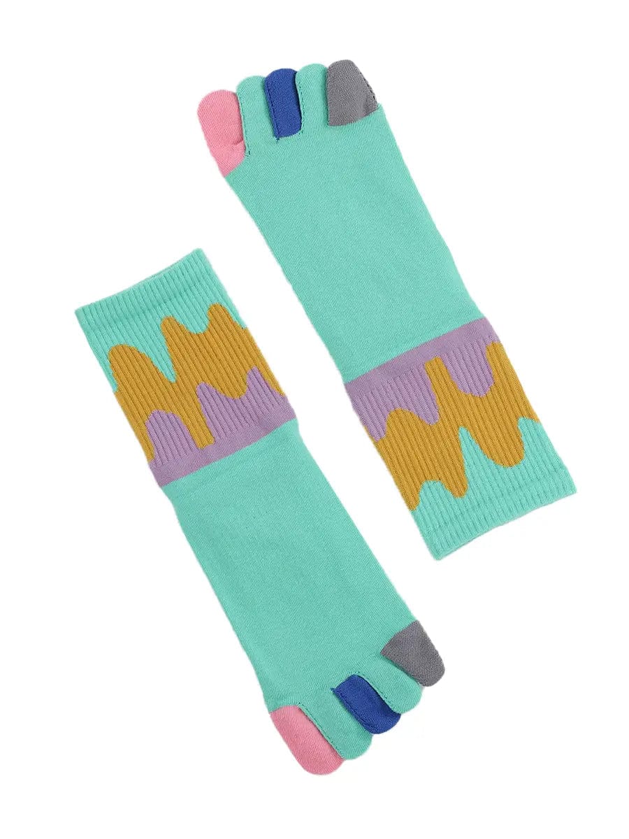 Color graffiti women's five finger cotton socks, GREEN