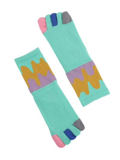 Color graffiti women's five finger cotton socks, GREEN
