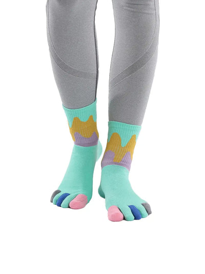 Color graffiti women's five finger cotton socks, GREEN