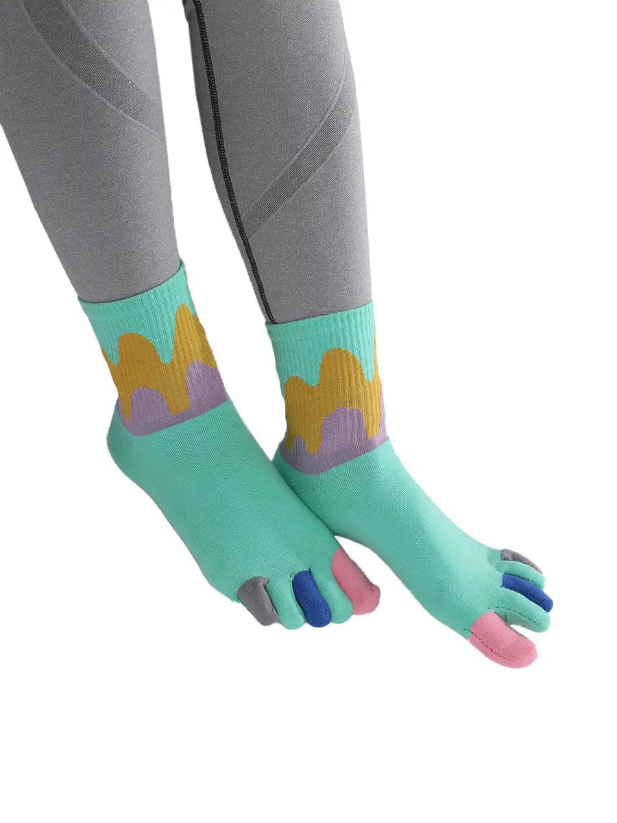 Color graffiti women's five finger cotton socks, GREEN