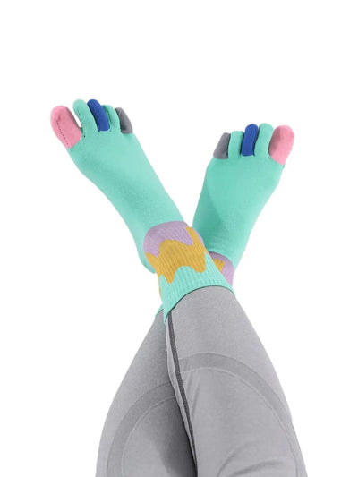 Color graffiti women's five finger cotton socks, GREEN