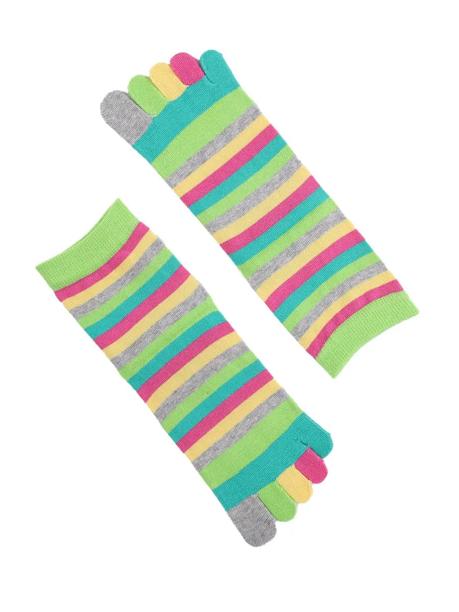 Colorful striped Cotton Ankle Five Finger socks for women, green