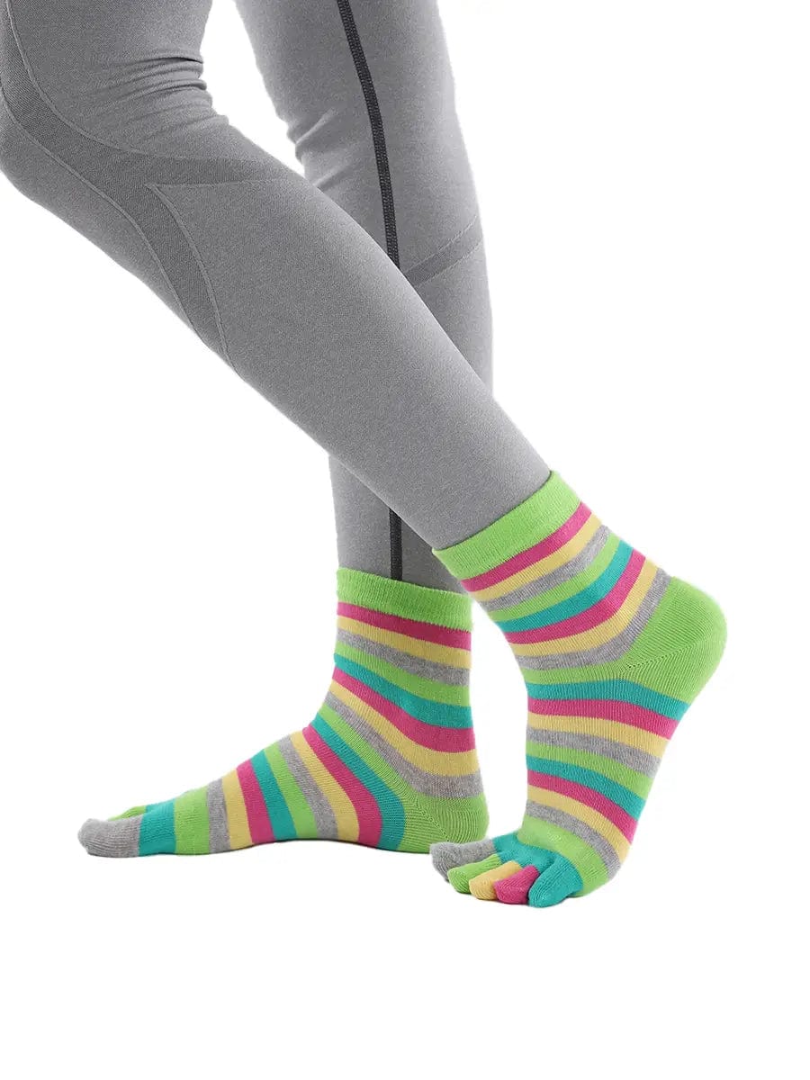 Colorful striped Cotton Ankle Five Finger socks for women, green