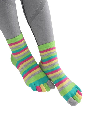 Colorful striped Cotton Ankle Five Finger socks for women, green