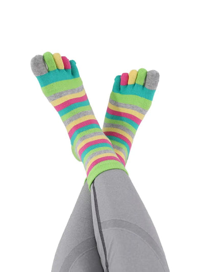 Colorful striped Cotton Ankle Five Finger socks for women, green