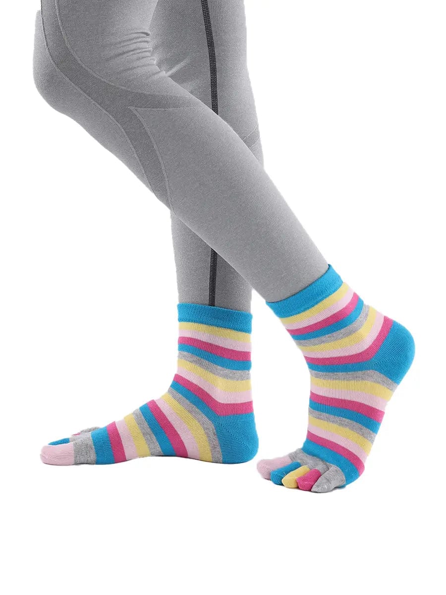 Colorful striped Cotton Ankle Five Finger socks for women, blue