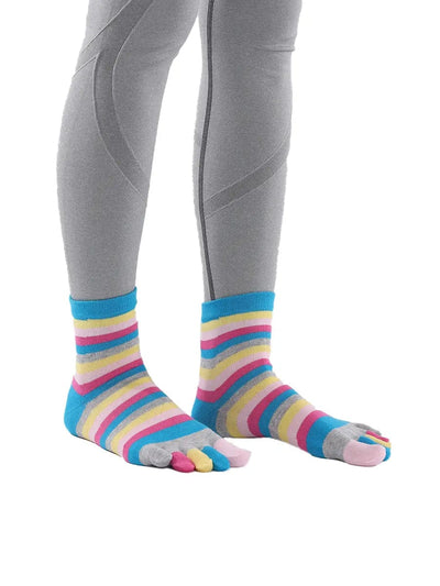 Colorful striped Cotton Ankle Five Finger socks for women, blue