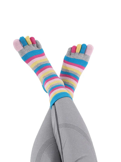Colorful striped Cotton Ankle Five Finger socks for women, blue