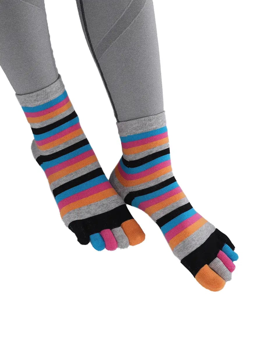Colorful striped Cotton Ankle Five Finger socks for women, grey