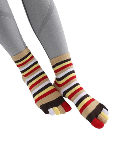 Colorful striped Cotton Ankle Five Finger socks for women, khaki