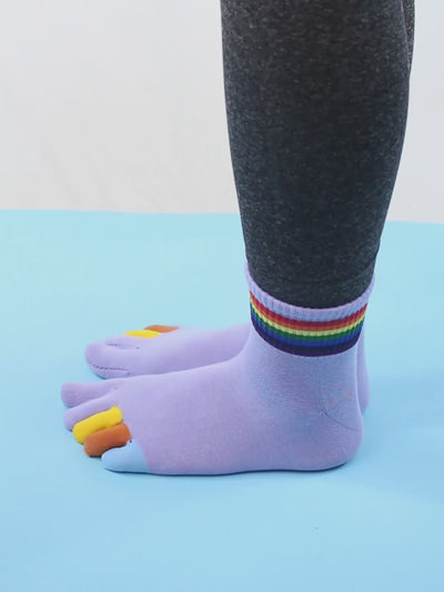 rainbow pattern women's five finger cotton socks, purple