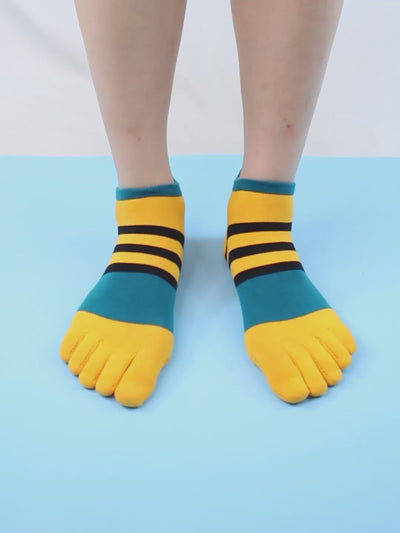 Cotton men's Low Cut Five Finger Socks, yellow & blue stripes