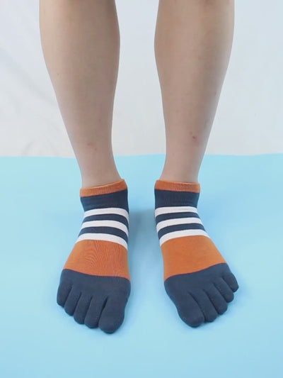 Cotton men's Low Cut Five Finger Socks, white & orange stripes
