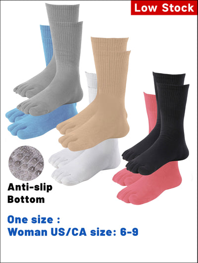 Premium-"6 Pairs"-Women's Anti-slip Bottom Five-toe Crew Socks Organic Cotton